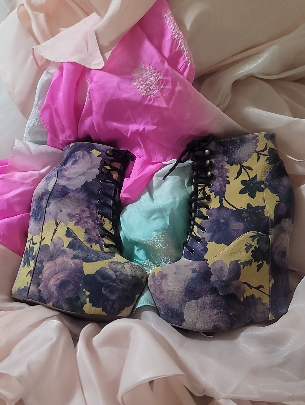 Jeffrey Campbell Floral Purple and Yellow Lace-Up Wedge Booties Leather